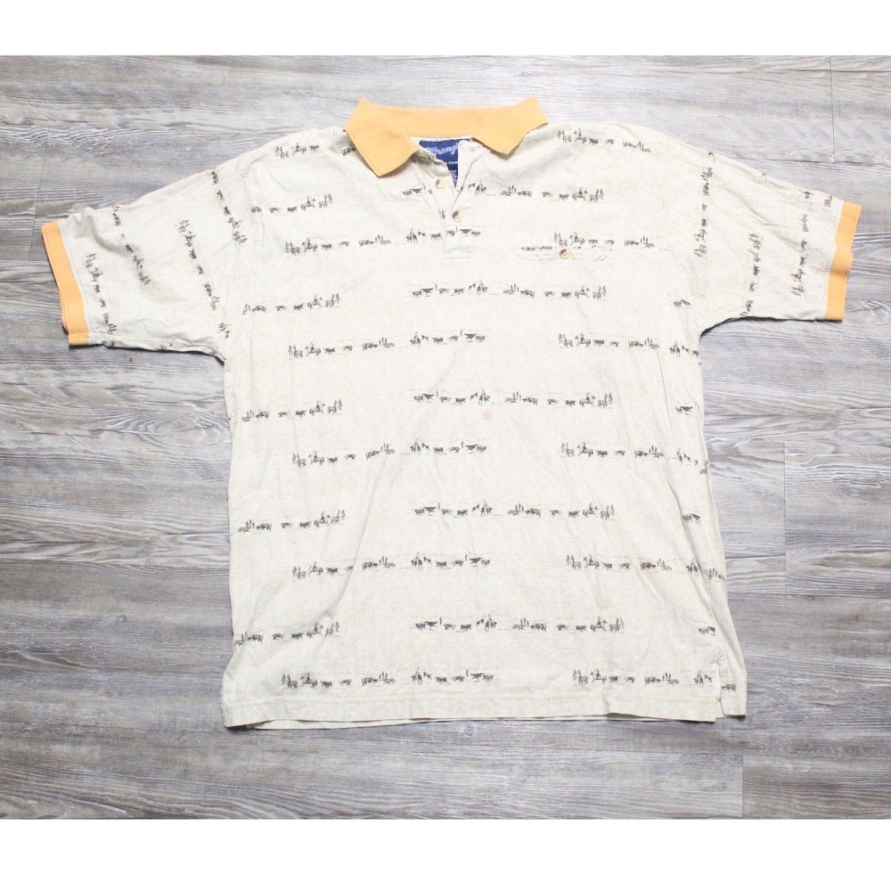Wrangler Western Polo Shirt Mens Large Beige Orange Cowboy Cattle Print